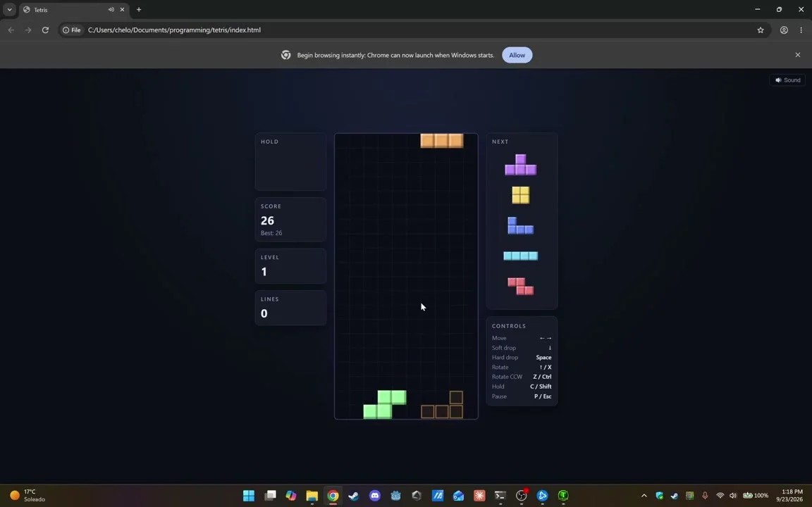 Тетрис на HTML5, который агент написал по просьбе из игрового окна